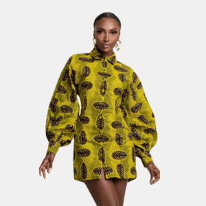 Yellow Leaf Ankara Puff Sleeve Mini Dress