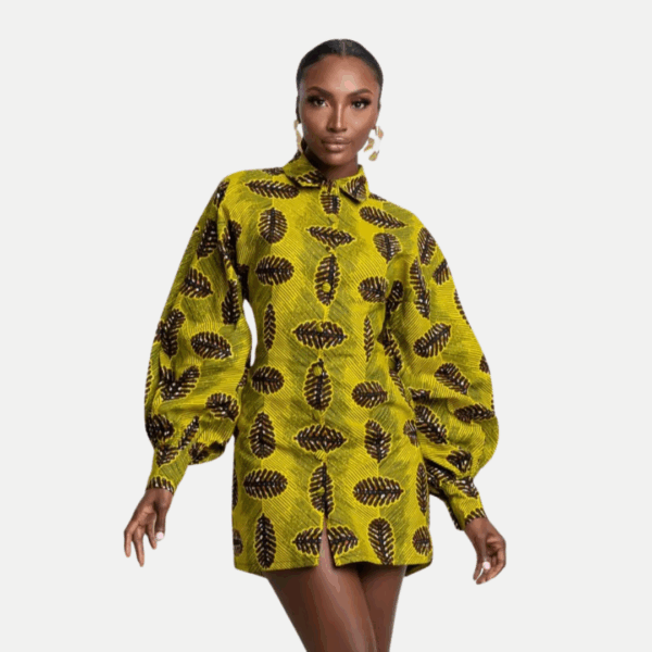 Yellow Leaf Ankara Puff Sleeve Mini Dress