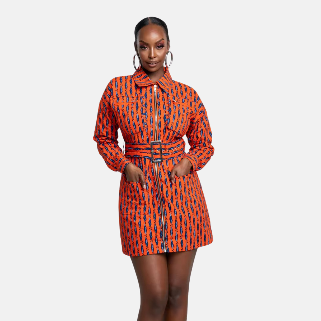 Ankara Print Zip-Front Belted Mini Dress